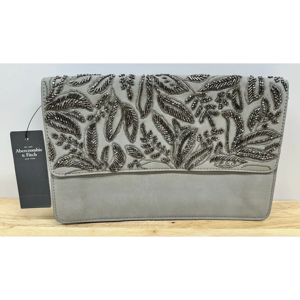 Abercrombie Fitch Faux Suede Clutch Purse Bag Embroidered Rhinestone Beaded Grey